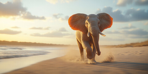 Elephant walks along sandy beach at sunset, lit by warm golden light