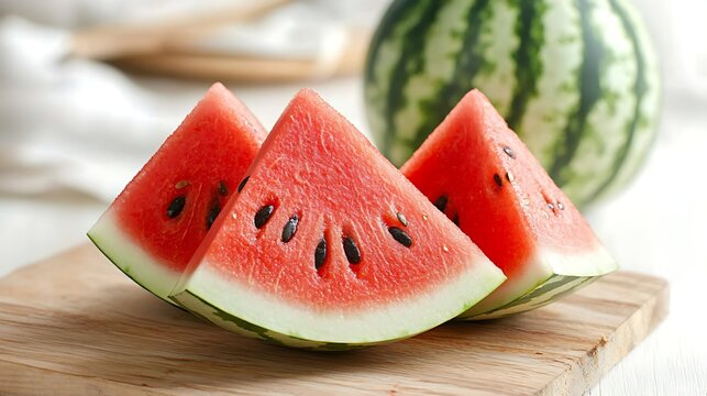 Juicy watermelon slices with seeds on wooden board, whole melon in background - Powered by Adobe