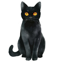 Halloween Black Cat With Glowing Eyes, watercolor vector, high quality, isolated on a white background.
