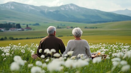 Naklejka premium Peaceful reflection senior couple scenic meadow nature outdoor harmony