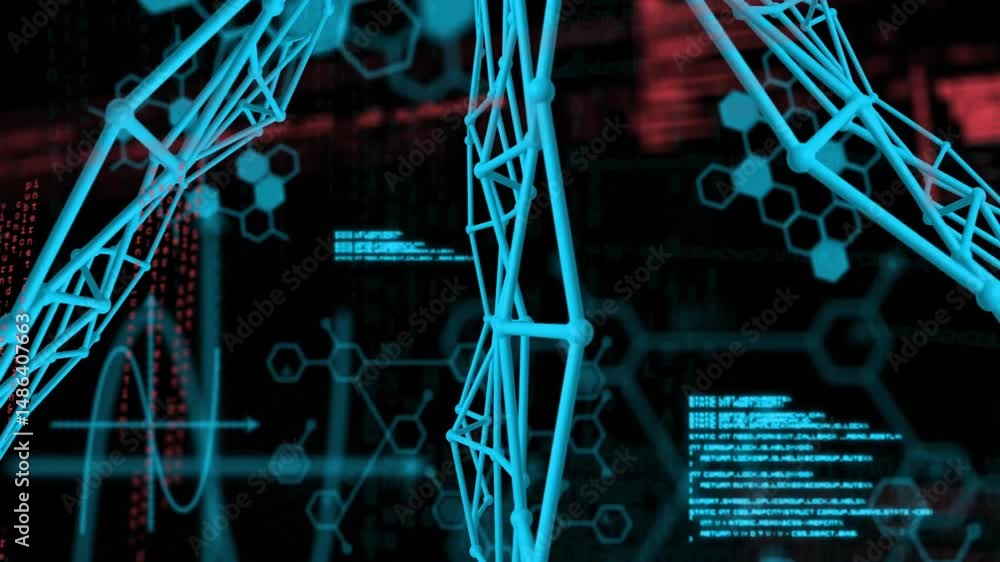 Poster 3d cyan lattice structure being displayed on interface, with hexagonal molecules, waveform and code
