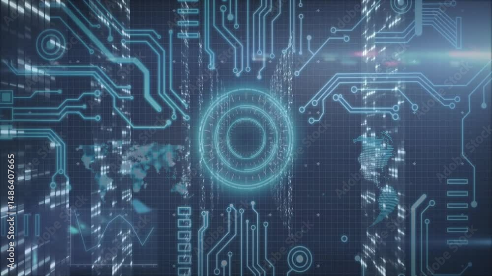 Poster holographic circular display floating over grid, showing neon blue circuit traces with data blocks