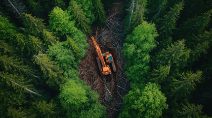 Naklejka premium Aerial view of excavator amid lush green forest, deforestation in progress