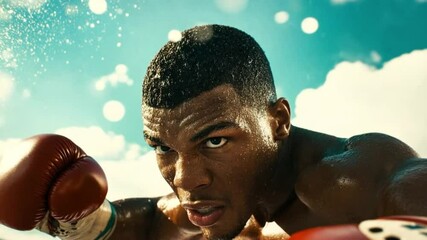 In a dynamic training session, a determined boxer throws powerful punches while droplets of sweat glisten in the sunlight, capturing the essence of hard work and perseverance