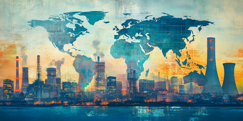 Global Business Horizon: Cityscape and World Map in Vibrant Urban Setting, Modern Metropolis with Global Reach: Industrial City View Overlaid on World Map