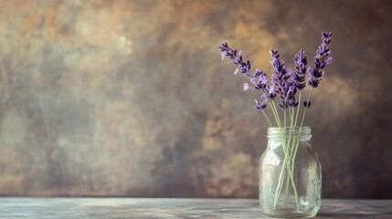 Calming lavender flowers in glass jar soft lighting rustic background