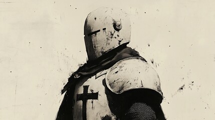 Knight in tarnished white armor, a symbol on chest. Sepia tone, textured background