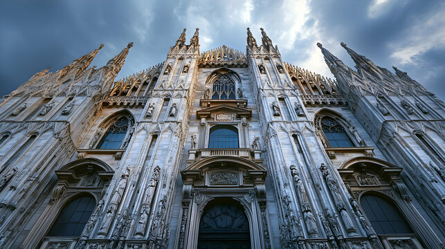 Majestic view of milan cathedral facade under dramatic sky