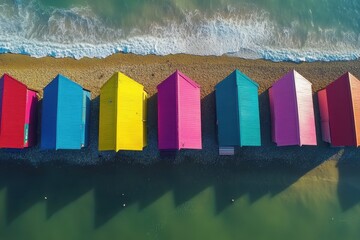 Colorful beach huts lining Brighton Beach create a vibrant seaside landscape by the shore, Brighton Beach Hove Beach Huts painted colorful aerial drone Photo UK