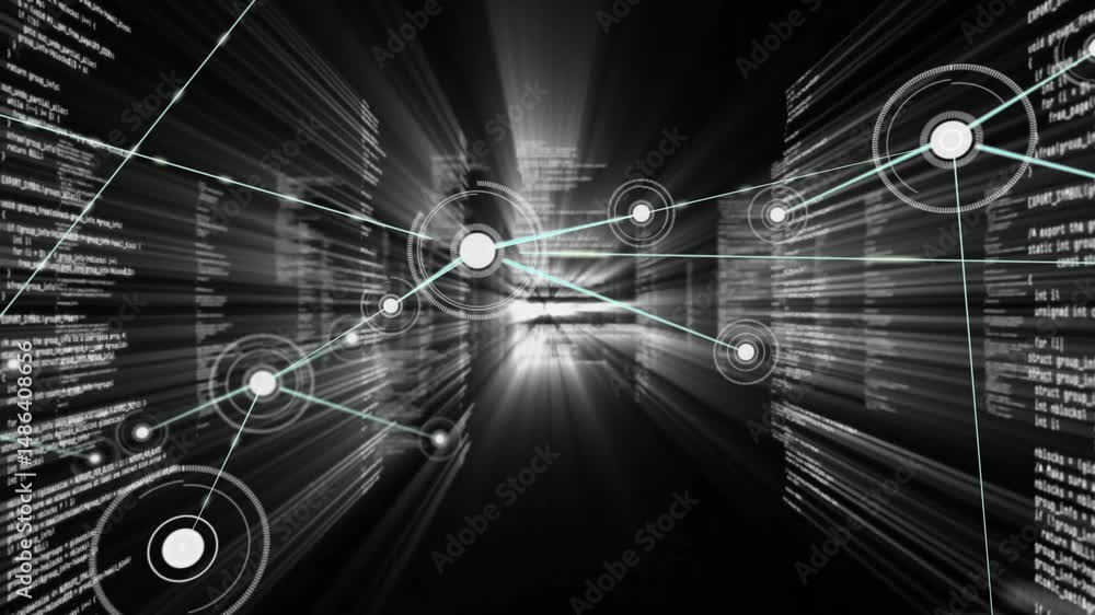 Poster abstract network diagram being animated in 3d showing nodes linked by teal lines with code panels