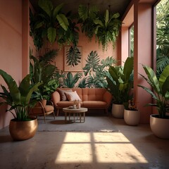 Fototapeta premium Serene Tropical Living Room Lush Greenery and Peach Walls Interior Design