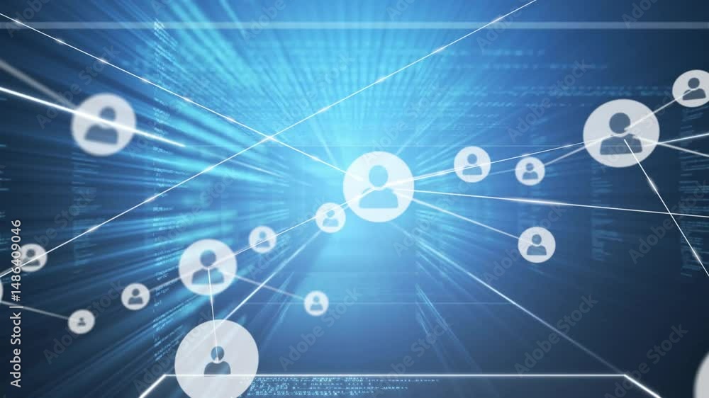 Poster user-profile icons connecting in flat network space, with streaming code columns and glowing rays