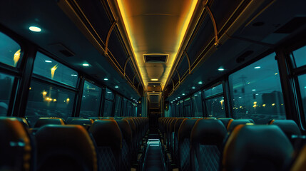 Fototapeta premium A dimly lit bus interior at night, empty seats, moody ambiance, neon lights
