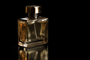 Elegant fragrance bottle captures light and creates a stunning reflection on a dark background
