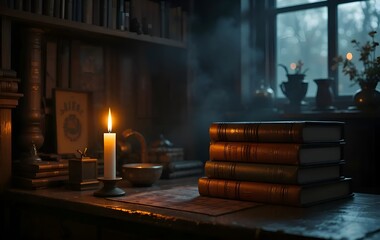 Stack of Vintage Books with Candlelight at Night