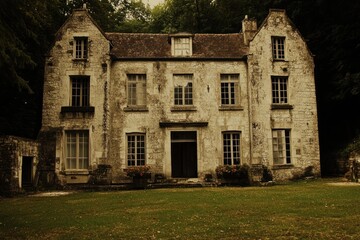Old stone house in woods, autumn light,  mystery,  for horror film