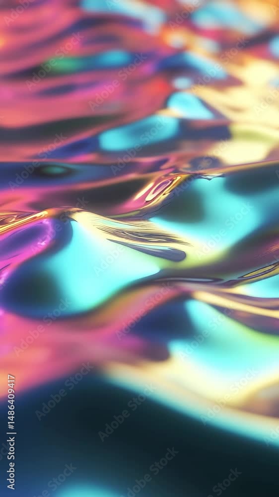 Poster a fluid metallic surface ripples with iridescent reflections, creating vibrant waves that shimmer wi