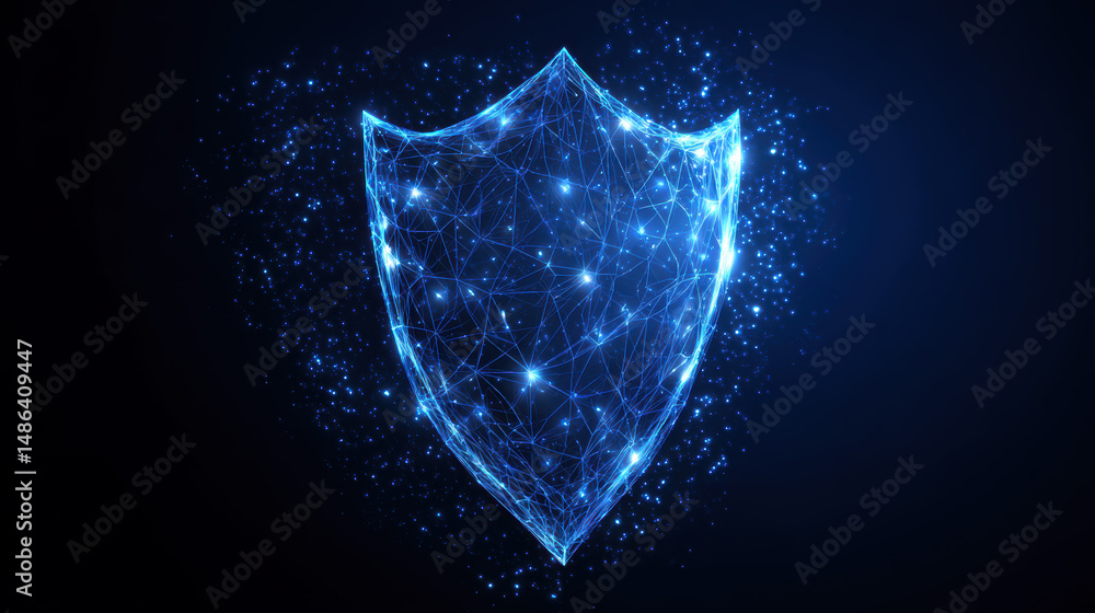 Poster digital shield glowing in blue against a dark background showcasing technology and security concepts