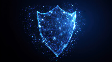 Digital shield glowing in blue against a dark background showcasing technology and security concepts