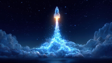 Launch of a futuristic rocket into a starry night sky with glowing clouds surrounding it