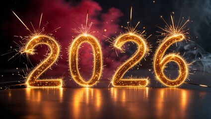Sparkling golden year two thousand twenty six with red and white smoke on a dark background glow effect