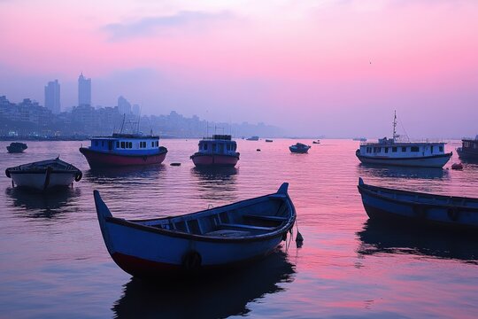 Boats rest on Mumbai waters at dawn in the vibrant Colaba region, Boats on Mumbai water at dawn Colaba region of Mumbai, Maharashtra, India