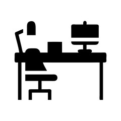 Illustration of office desk with computer, lamp, chair, and book for workspace design concept