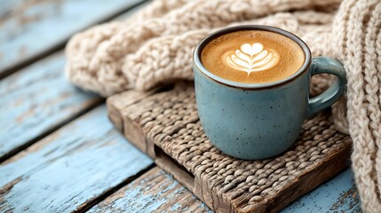 Latte art in blue mug, resting on wooden platform, alongside warm, knit scarf. Cozy vibes