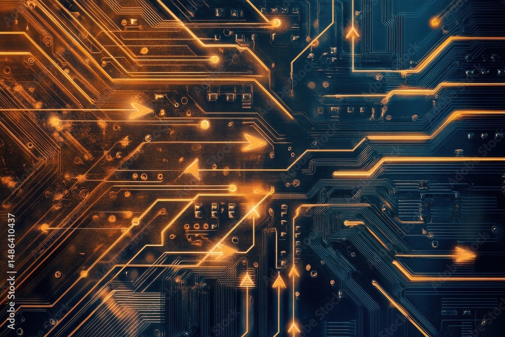 Poster classic view of a computer circuit board featuring arrows and intricate pathways, classic view of a 