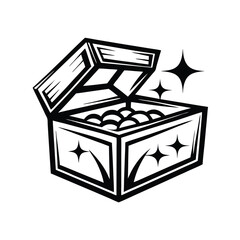 Open Chest with Shiny Contents Isolated, Black and White Outline, Stylized Treasure
