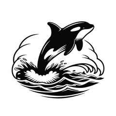 Orca Jumping Silhouette, Killer Whale Leaping, Sea Waves, Marine Mammal, Black and White