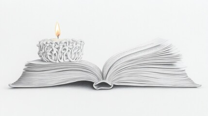 Lit candle on an open book, casting soft light. White background, creating a serene atmosphere