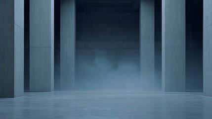 Blue toned corridor with pillars and fog or smoke effect on the floor.