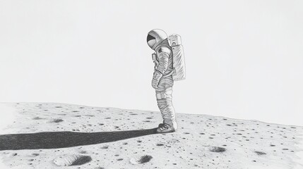 Lone astronaut on moon surface, contemplative, looking down. Detailed pencil sketch. Long shadow, cratered landscape
