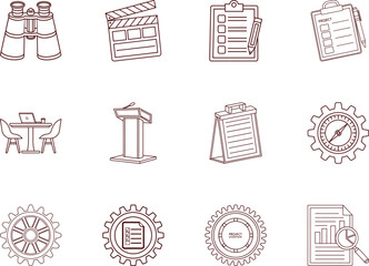 Brown line art depicts various business related icons in a visually cohesive outline set