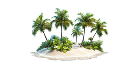 Fototapeta premium Tropical Island With Palm Trees And Lush Greenery. Exotic Paradise And Relaxation Concept Isolated On Transparent Background