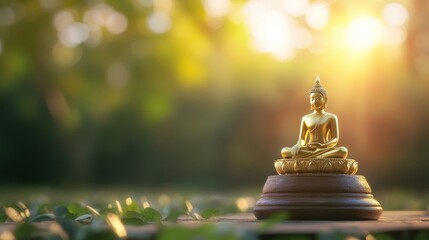 Golden buddha statue meditation serenity peace tranquility nature sunlight spiritual symbol