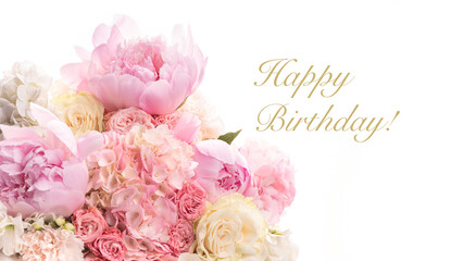 Luxurious round bouquet of pink and white peonies, roses, hydrangeas and Asian buttercups. Isolate on a white background. Congratulations