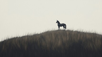 Lone unicorn stands atop a grassy hill, a mythical creature silhouetted against the cloudy sky