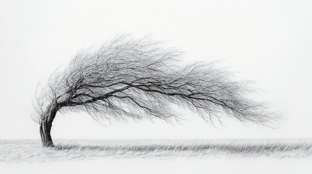 Lonely, monochrome tree bent by wind, minimalist landscape. Sparse grass under a vast sky
