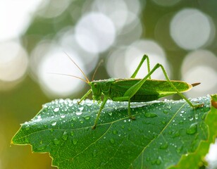 Green grasshopper on dewy leaf