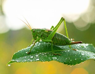 Green grasshopper on dewy leaf
