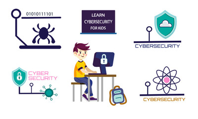 Colorful vector illustration for teaching cybersecurity to kids. A boy using a safe computer, surrounded by icons like shields, bugs, padlocks, and digital security elements.