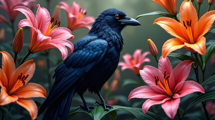 A hyper-realistic design featuring a majestic black raven perched among vibrant lilies. 