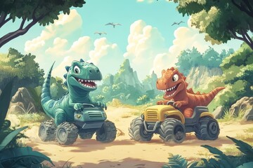 Engaging cartoon dinosaurs joyfully racing go karts in a vibrant jungle setting, Fun and engaging dinosaurs driving, cartoon style, nature background