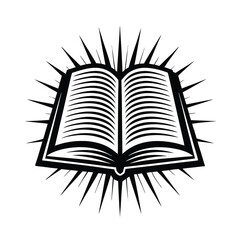 Open Book Icon. Black and White. Burst of Light. Rays Emanating from Pages. Symbol