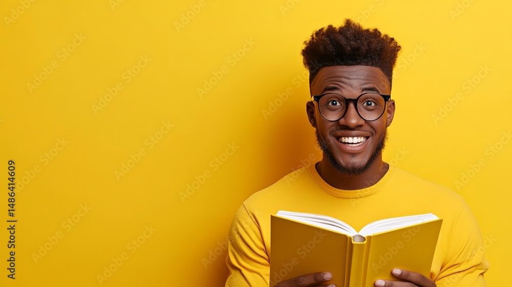 Poster smiling man holds open book against a solid yellow background, looking directly at the camera with e