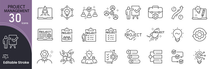 Project Management related icon collections. Containing Project, Management, Planning, Teamwork, Deadline, Task, Strategy, Goal, Progress, and Collaboration icons. Editable Stroke . Outline icons.