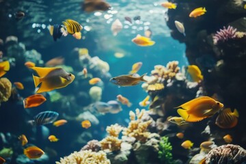 Obraz premium Colorful underwater world with vibrant fish and coral in a crystal clear aquarium, aquarium with many fish with colorful coral in pure water above of table Photo in background