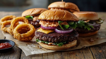 A rustic counter setup featuring juicy smash burgers fresh toppings and a side of crispy onion rings overlay cut out on isolated transparent removed background